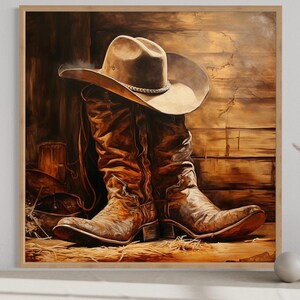 a pair of worn cowboy boots and a cowboy hat, set against a rustic wooden background.