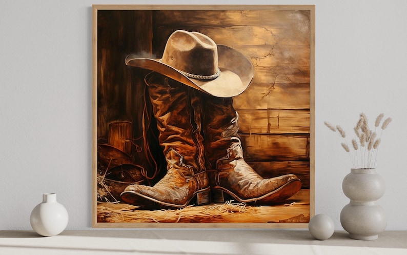 a pair of worn cowboy boots and a cowboy hat, set against a rustic wooden background.