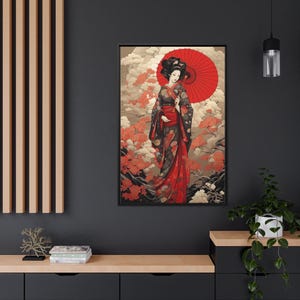Ukiyo-e Style Geisha With Red Umbrella Wall Art - Japanese Style Painting Poster Or Cavas PRINT, Framed Unframed Ready To Hang