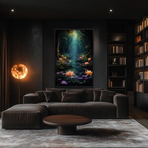 a modern living room with a large bookshelf filled with books, a comfortable sofa, and a round wooden coffee table. The room has a dark color scheme and features a large painting of a forest scene with a pond and flowers on the wall.