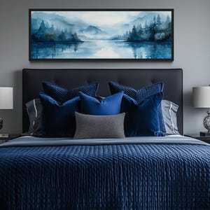 Above Bed Wall Art Navy Blue Minimalist Lake Landscape Panoramic Painting, Long Narrow Horizontal Canvas Extra Large Wall Art Ready To Hang