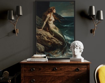 Mermaid Sitting On A Rock Wall Art Painting Canvas PRINT, Dark Academia Gothic Mermaid Wall Art, Victorian Portrait Wall Decor Ready To Hang