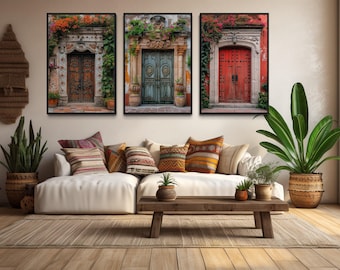 Set Of Three Mexican Wall Art, Colorful Mexican Doors Painting Canvas PRINT, Traditional Hacienda Architecture Wall Decor Ready To Hang