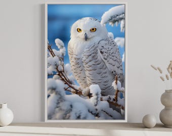 Snowy Owl In Snow Photography Style Painting Cavas PRINT, Owl Wall Art, Framed Unframed Ready To Hang
