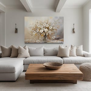 Farmhouse Wall Art Retro White Wildflowers Bouquet Painting, Botanical Boho Painting Canvas PRINT, Framed Unframed Ready To Hang