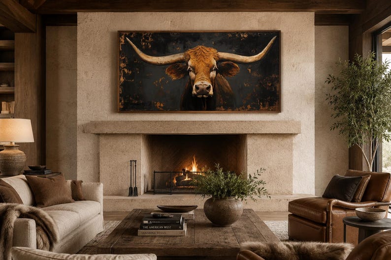 May include: A rectangular wall art piece featuring a longhorn cow with large, curved horns centered against a dark, textured background with hints of gold, displayed in a wooden frame above a stone fireplace in a living room setting.