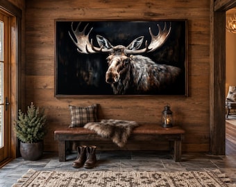 Dark Moose Wall Art, Woodland Animals Painting Canvas PRINT, Cabin Wall Decor, Framed Ready to Hang