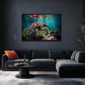 a large, colorful sea turtle swimming in the ocean, surrounded by vibrant coral and marine life.