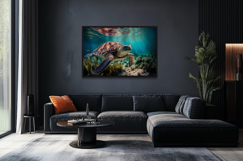 a large, colorful sea turtle swimming in the ocean, surrounded by vibrant coral and marine life.