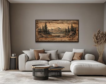 Canoe on Mountain Lake Canvas Wall Art – Rustic Cabin Lodge Nature Scene, Painting on Wood Style Print for Lake House Decor