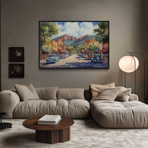 Downtown Sedona Arizona Watercolor Retro Wall Art, - Sedona Travel Poster Or Canvas PRINT,  Office Wall Art, Framed Ready To Hang