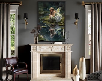 Fairy Painting - Beautiful Forest Fairy Near Pond - Girls Room Fantasy Vertical Wall Art Canvas Print Framed Unframed Ready To Hang
