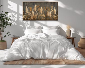 Brown Beige Grey Boho Wall Art, Pampas Grass On Grey Background Neutral Painting Canvas Print Horizontal Living Room Decor Ready To Hang