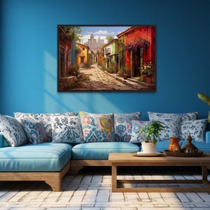 Mexican Wall Art - Mexican Old Town Street Oil Painting - Mexican Gift - Colorful Wall Art Living Room - Framed Or Unframed  Ready To Hang
