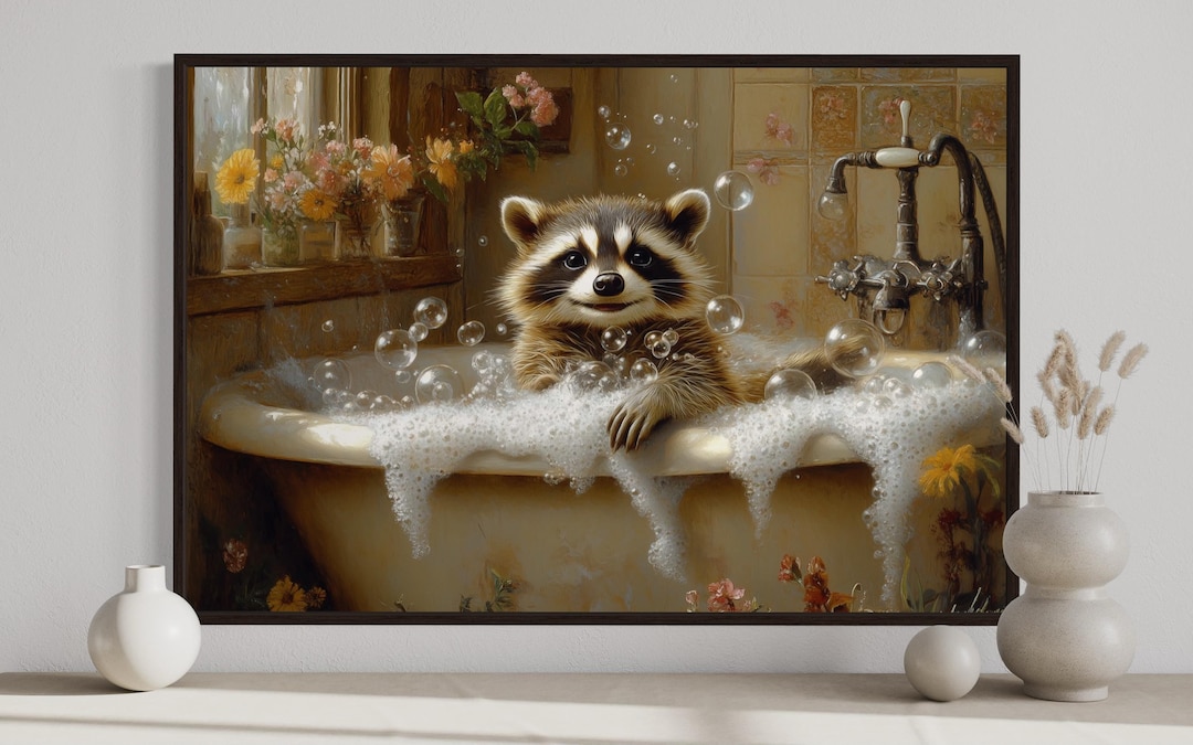 Raccoon in the Bath Tub Painting Canvas PRINT, Bathroom Wall Art, Kids ...