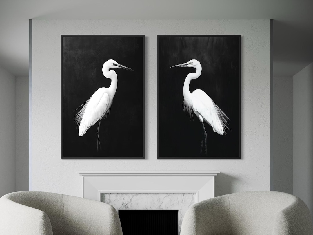 Set of 2 White Egrets on Black Background Canvas Wall Art – Black White ...