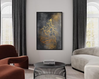 Minimalist Lord Krishna With Flute Wall Art, Indian Deity, Hindu God Decor Gold Silver Abstract Painting Canvas PRINT,  Framed Ready To Hang