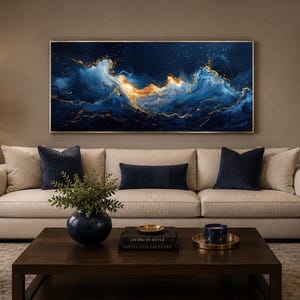 Abstract Navy Blue Gold Ocean Wave Painting Canvas PRINT, Minimalist Modern Ocean At Night Wall Art, Seascape, Art For Mens Bed image 17