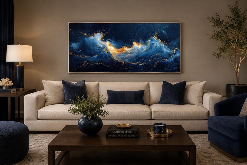Abstract Navy Blue Gold Ocean Wave Painting Canvas PRINT, Minimalist Modern Ocean At Night Wall Art, Seascape, Art For Mens Bed image 17