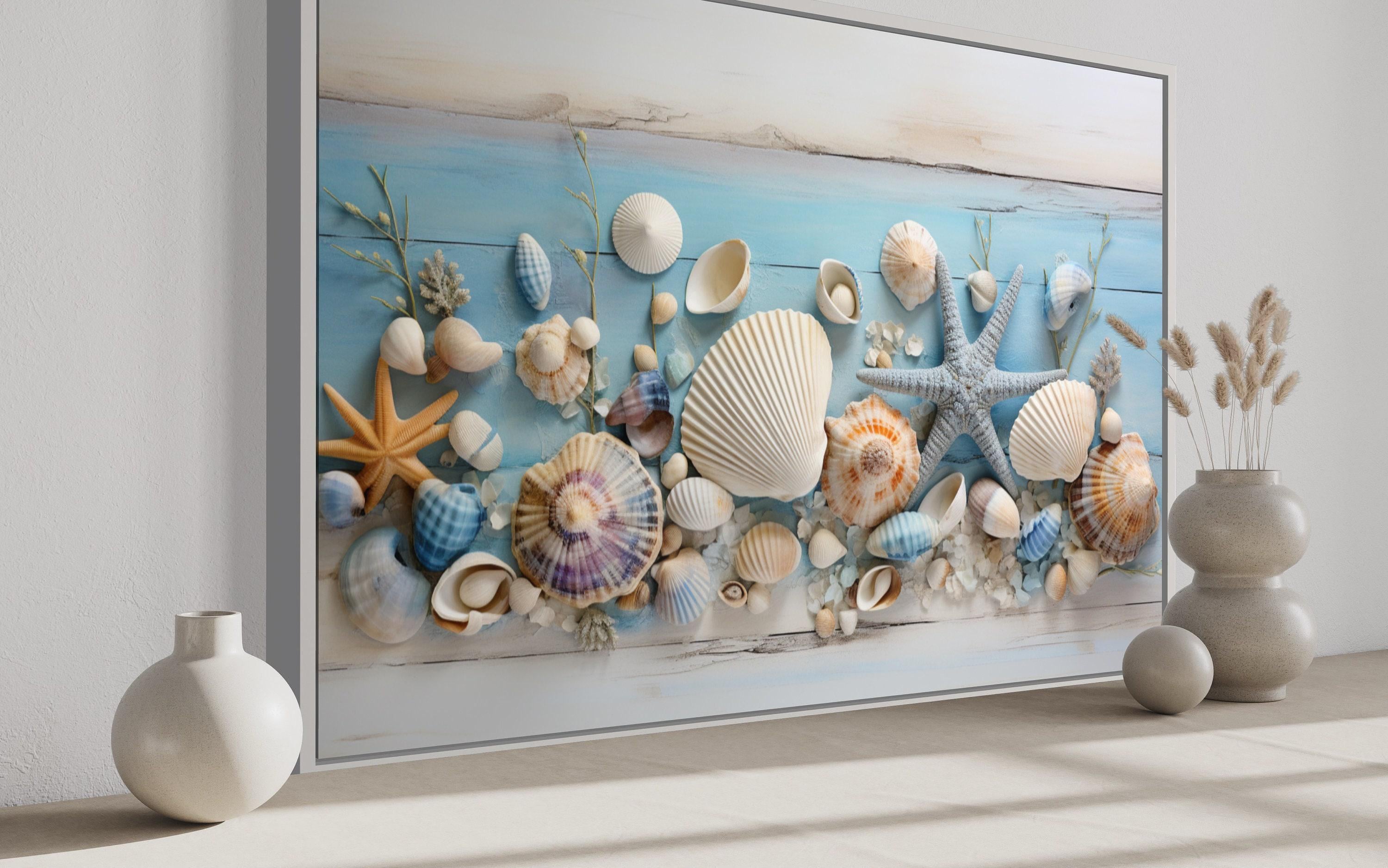 Coastal Wall Art for Beach House Seashells Painting on Blue Wood Canvas ...