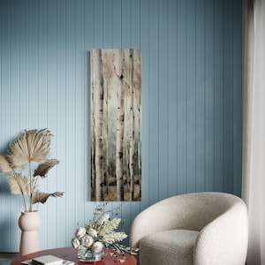 Vertical Wall Art Cabin Decor Birch Trees Painting Canvas PRINT, Tall Slim Decor Framed Ready To Hang - Modern Rustic Lodge Decor