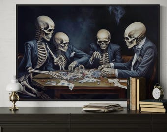 Game Room Wall Art Skeletons Playing Poker Painting Canvas PRINT, Western Gothic Wall Decor Art For Men Framed Ready To Hang