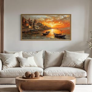 Varanasi Wall Art, Ganges River At Sunset Painting Canvas PRINT, Indian Wall Art, Hindu Wall Decor Framed, Ready To Hang