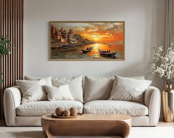 Varanasi Wall Art, Ganges River At Sunset Painting Canvas PRINT, Indian Wall Art, Hindu Wall Decor Framed, Ready To Hang