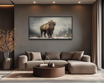 American Buffalo or Bison In Snow Extra Large  Painting Print On Canvas, Western, Living Room Wall Art Framed, Unframed, Ready To Hang
