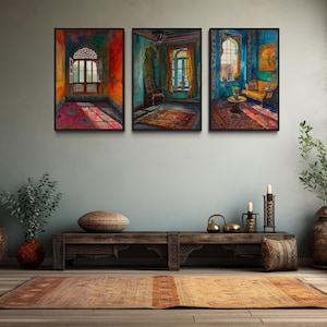 Set Of Three Indian Wall Art, Colorful Indian Room And Window Painting Canvas PRINT, Traditional Wall Decor Ready To Hang