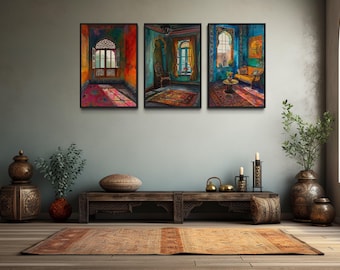 Set Of Three Indian Wall Art, Colorful Indian Room And Window Painting Canvas PRINT, Traditional Wall Decor Ready To Hang