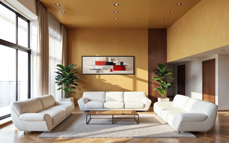 Mid Century Modern Abstract Wall Art Horizontal Canvas Print, Red Beige ...