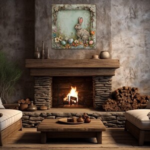 a cozy living room with a stone fireplace, a wooden mantel, and a painting of a rabbit on the wall. The room is furnished with a couch and a coffee table, creating a warm and inviting atmosphere.