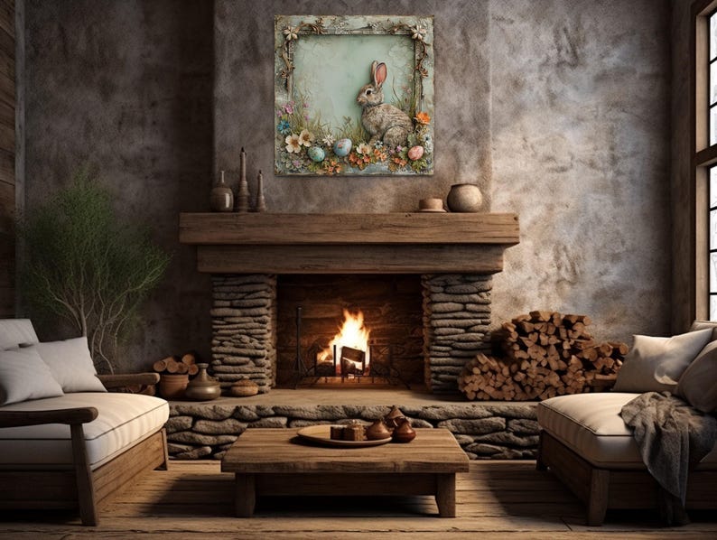 a cozy living room with a stone fireplace, a wooden mantel, and a painting of a rabbit on the wall. The room is furnished with a couch and a coffee table, creating a warm and inviting atmosphere.