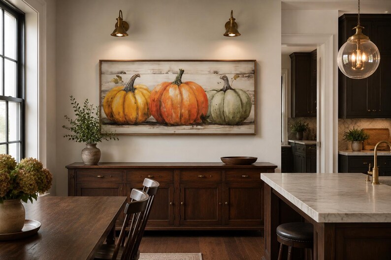 May include: A rectangular wall art piece featuring a painting of three pumpkins in yellow, orange, and green hues, set against a rustic white wood-plank background. The artwork is framed in a thin dark wood border and mounted on a neutral wall.