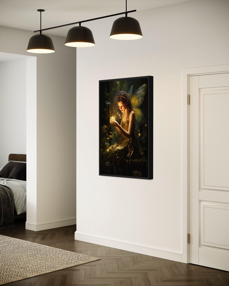 a fairy with a glowing light in her hand, set against a white wall with a framed painting hanging above it.