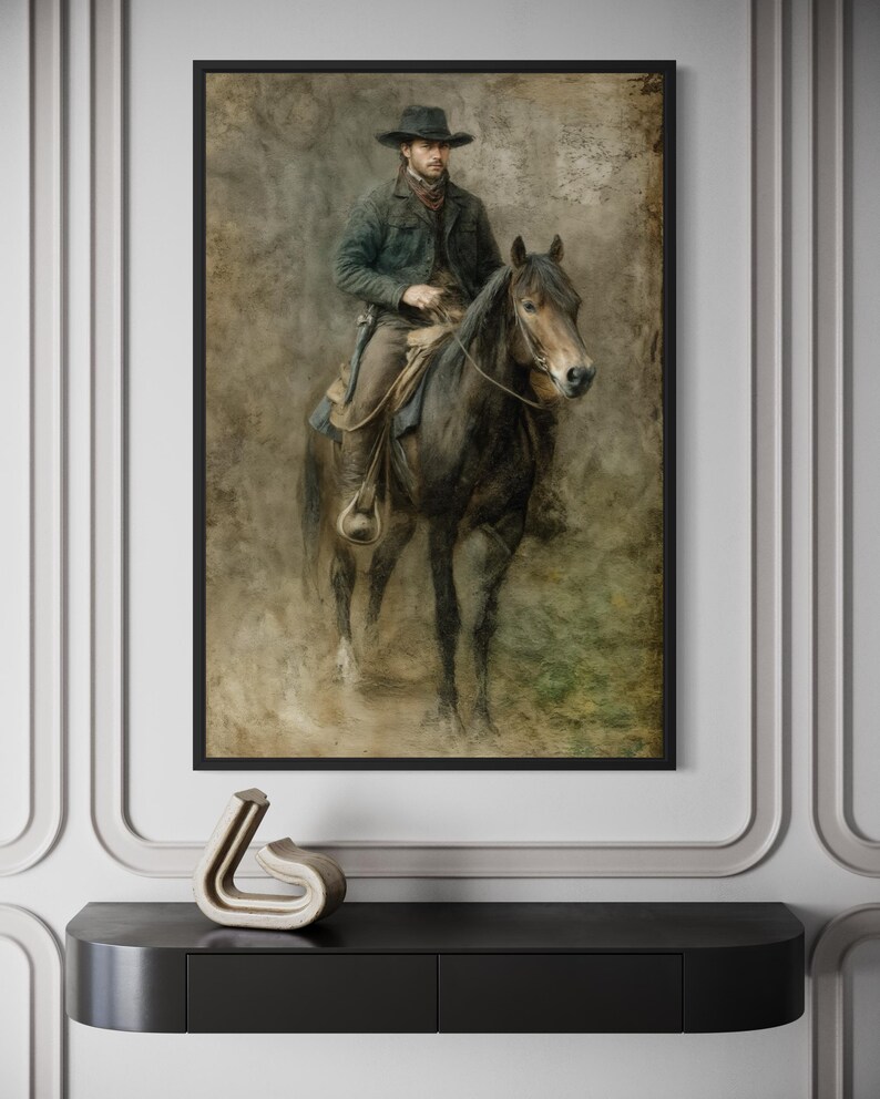 Rustic Cowboy on Horse Wall Art Canvas Print, Western Rider Artwork ...