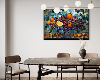 Fruit Vase Stained Glass Style Painting Canvas PRINT, Modern Dining Room Wall Art Framed Ready To Hang