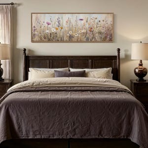 Boho Wall Art, Farmhouse Style Wildflowers Field Oil Painting Canvas Print - Retro Panoramic Art, Pretty Flowers Painting, Bedroom Art