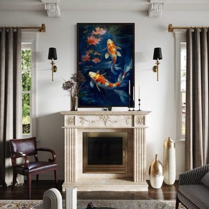 a living room with a fireplace, a large painting of koi fish, and a wooden chair. The room has white walls, a black and white rug, and a large window with curtains.