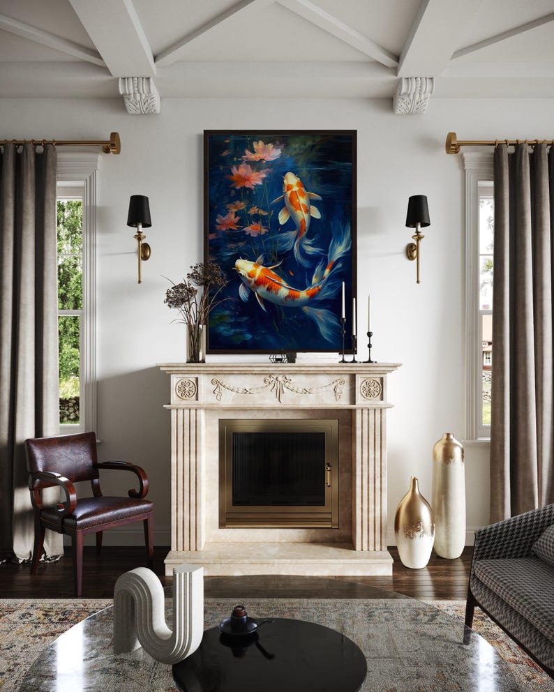 a living room with a fireplace, a large painting of koi fish, and a wooden chair. The room has white walls, a black and white rug, and a large window with curtains.