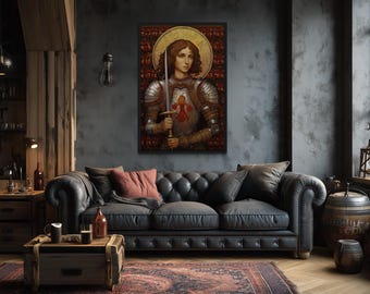 St. Joan Of Arc Icon Style Portrait Print On Canvas - Joan d'Arc Catholic Icon - Framed Or Unframed Ready To Hang