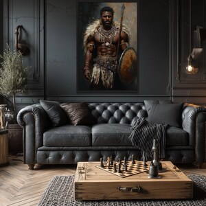 African Tribal Warrior Wall Art – Powerful Warrior Canvas Print With Shield and Spear, Masculine Statement Artwork for Man Cave Décor imagen 5