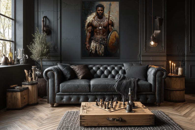 African Tribal Warrior Wall Art – Powerful Warrior Canvas Print With Shield and Spear, Masculine Statement Artwork for Man Cave Décor imagen 5