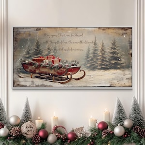 Christmas Wall Art, Rustic Santa&#39;s Sleigh With Gifts Painting With Christmas Blessing Canvas PRINT, Farmhouse Winter Scene, Ready To Hang