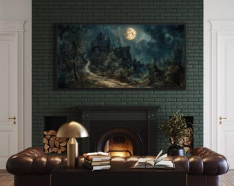 Dark Academia Wall Art, Gothic Haunted Dilapidated Castle Under Moon Painting Canvas PRINT, Dark Halloween Wall Decor Framed Ready To Hang