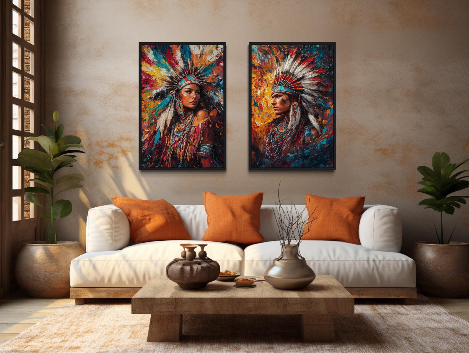 Set of 2 Native American Wall Art - Colorful Tribal Portraits of ...