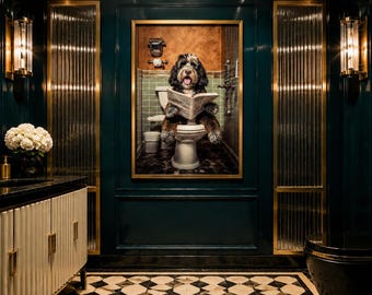 May include: A framed wall art print featuring a black and white dog sitting on a toilet reading a newspaper. The artwork is displayed in a dark teal bathroom with gold accents, a white vanity, a bouquet of white flowers, and a black and white tiled floor.