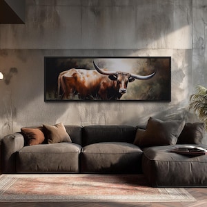 Texas Longhorn Cow Painting Long Horizontal Canvas Print - Farmhouse Wall Art - With or Without Frame Ready To Hang