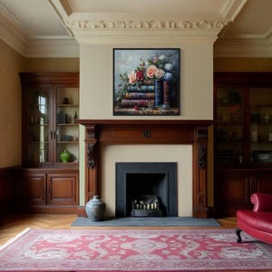 a cozy and elegant living room with a fireplace, wooden furniture, and a red armchair. A large painting of flowers above the fireplace adds a touch of color and artistry to the space.